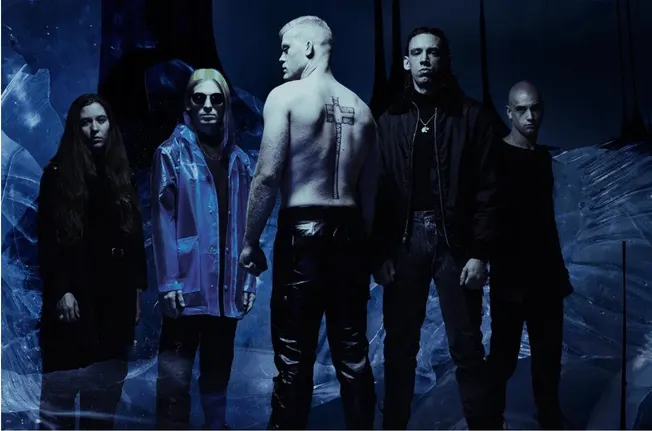Dark moody music band photo with edgy style and futuristic setting for music industry branding.
