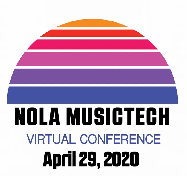 Rainbow-colored semi-circular graphic representing the NOLA MusicTech Virtual Conference on April 29, 2020.
