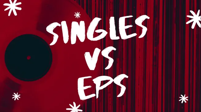 High-quality red vinyl record with bold white "Singles vs EPS" text, surrounded by decorative white starburst graphics, perfe