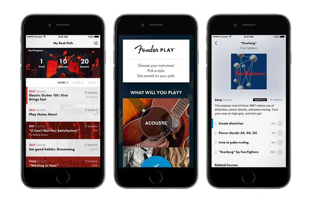 Mobile app interface screens for guitar learning and song tutorials on a smartphone.