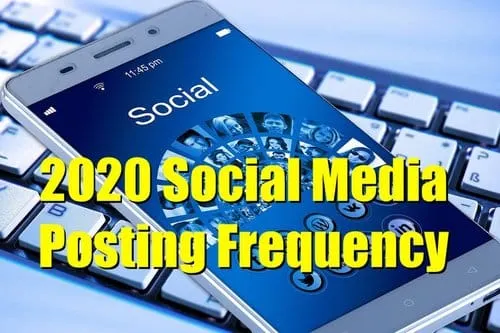 Social media smartphone with social icons on screen and keywords "2020 Social Media Posting Frequency" standing out, emphasiz