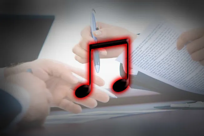 Music note icon with a red glow, overlayed on hands holding a pen and paper, symbolizing music industry, content creation, or