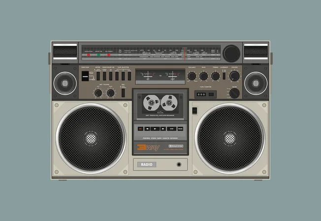 Vintage boombox stereo with cassette deck, radio tuner, and speakers, representing music technology and retro audio equipment