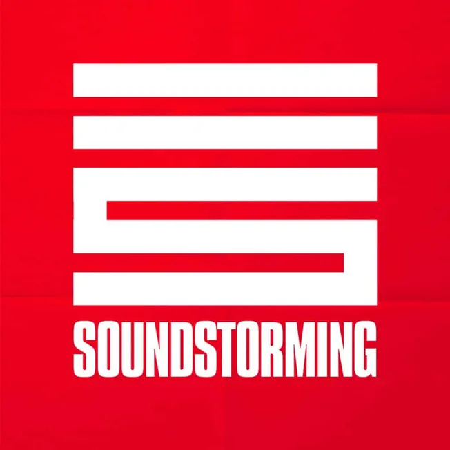 Bold red background with white stylized text emphasizing soundstorming, a creative process in music and sound design, highlig