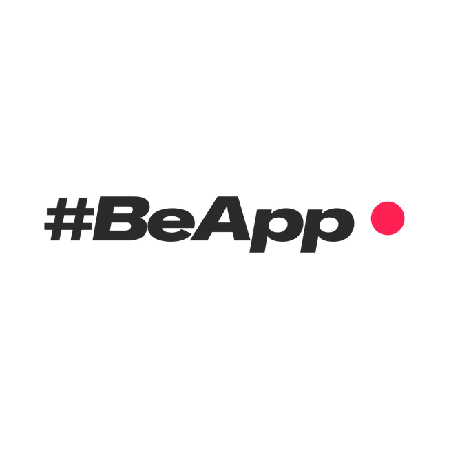 #BeApp logo on a dark pink background, representing music industry innovation, digital marketing, and technology in entertain