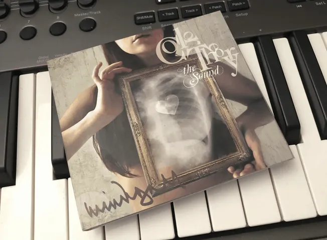 Dreamy album cover featuring a woman holding a framed ultrasound image on a piano keyboard, emphasizing music, art, and emoti