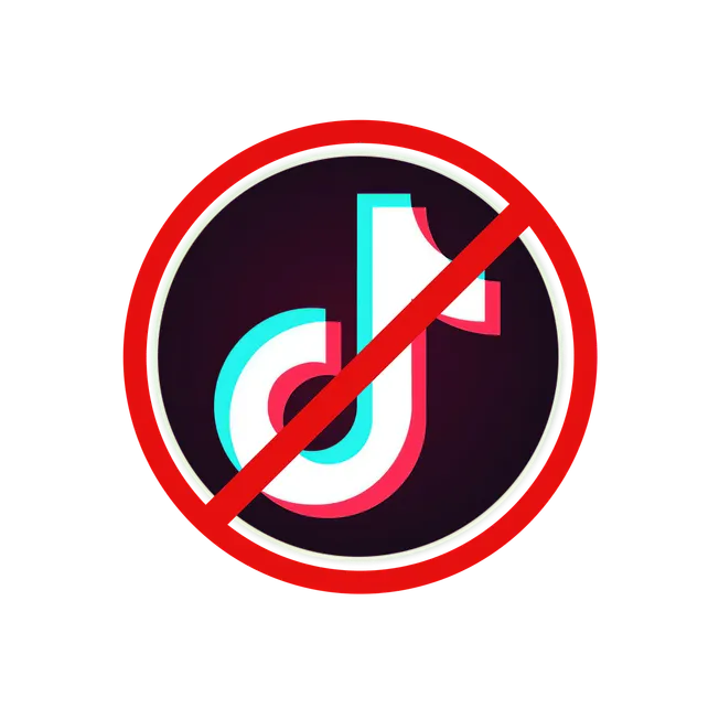 Blocked TikTok logo with a red prohibition sign over it, representing restrictions or bans on TikTok usage.