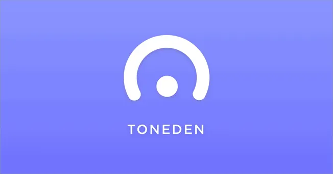 Mp3 audio tuning app logo, sleek modern design with circular sound wave icon and "TONEDEN" text, representing music, sound, a