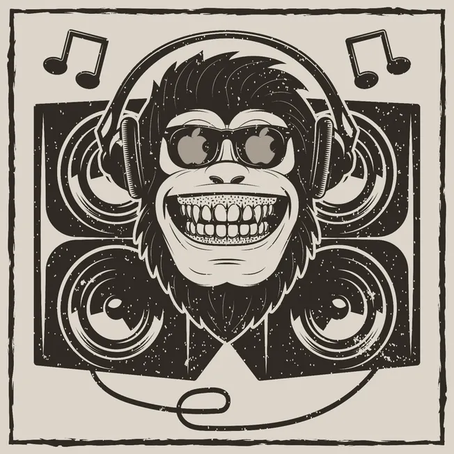 Monkey DJ wearing sunglasses and headphones, surrounded by speakers and musical notes, representing music, dance, and enterta