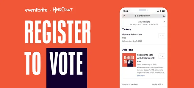 Register for voting with HeadCount and Eventbrite on mobile device for U.S. election voter registration campaigns.