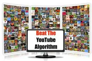 Monitor displaying "Beat The YouTube Algorithm" with a background of numerous small video thumbnails showcasing diverse YouTu