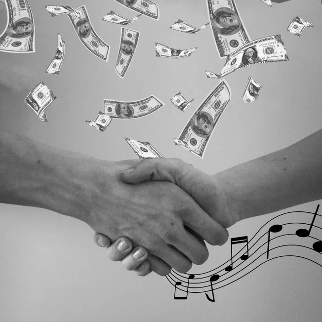Money exchange, handshake, dollar bills, musical notes, business, finance, partnership, success, economic growth, collaborati