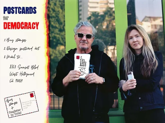 Colorful protest postcards for democracy with individuals holding postcards, displaying a focus on civic engagement, voter re