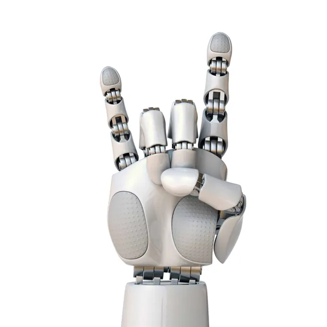 Robotic hand making the peace sign, showcasing advanced robotics technology and AI innovations in the music industry.