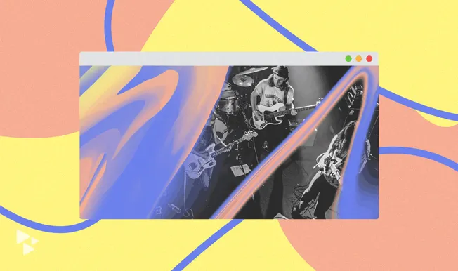 Music band performing live with guitars and drums, digital art stylized image, vibrant abstract background, music industry, b