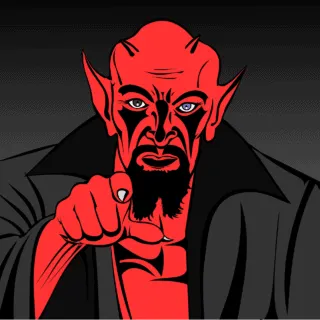 A sinister cartoon vampire with red skin, pointed ears, and piercing blue eyes, wearing a black cape and gesturing with his i