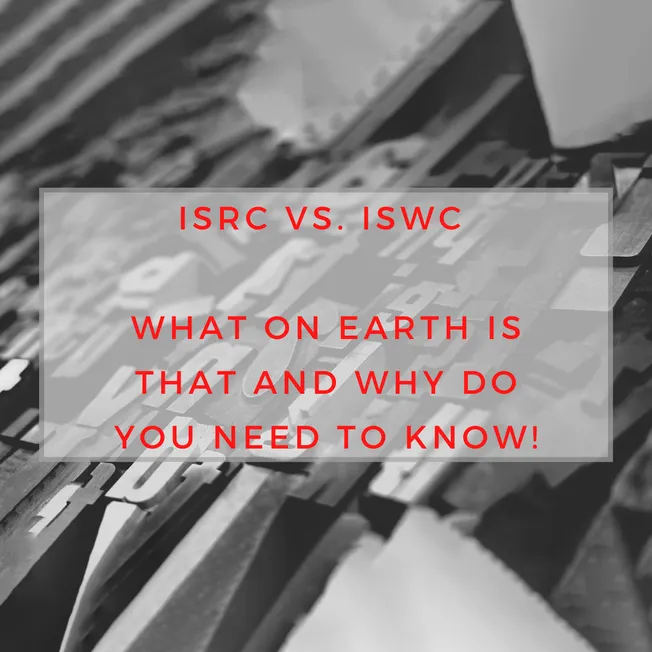 ISRC vs. ISWC comparison concept with international music codes, music rights management, digital music distribution, and cop