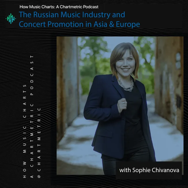 A woman smiling outdoors wearing a black blazer and chunky necklace, promoting a podcast on the Russian music industry and co