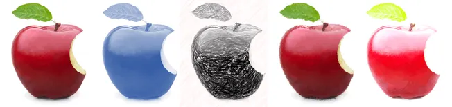 Red and blue apples with partial bite marks, artistic sketches, and color transformations, showcasing creative digital art an