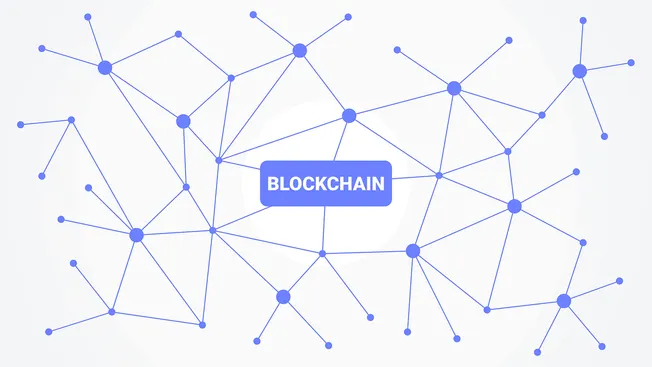 Distributed network diagram illustrating blockchain technology with interconnected nodes and data flow.
