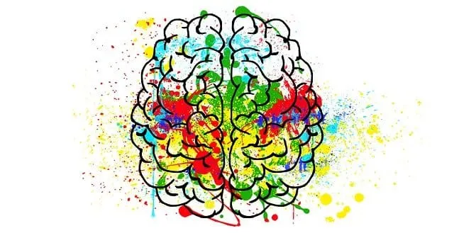 Vibrant colorful abstract illustration of a human brain with paint splatters, symbolizing creativity, innovation, and brainpo