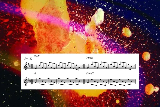 Vibrant abstract explosion of colorful ink and paint splashes with musical sheet overlay, representing creativity, music prod