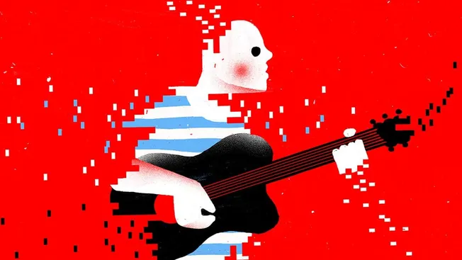 Digital glitch art of a stylized person playing an acoustic guitar, with pixelated effects and a vibrant red background, emph