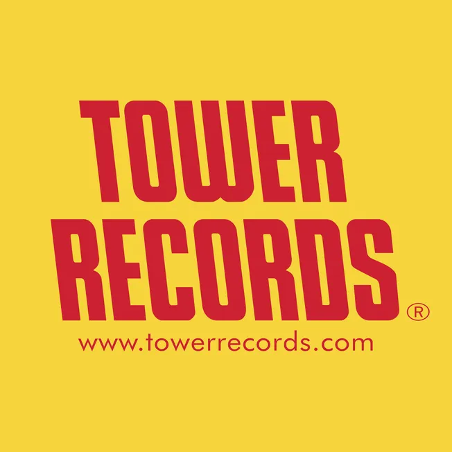 Tower Records logo with bold red text on a yellow background, promoting music retail and entertainment industry branding.