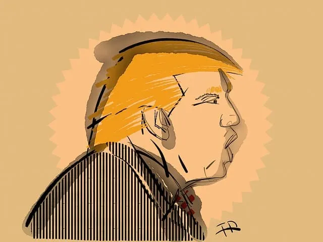 Donald Trump caricature illustration with bold lines and vibrant colors, representing political commentary and satire.