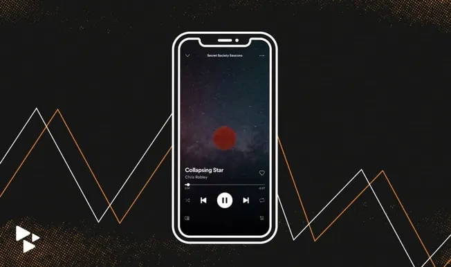 Audio streaming app showing song "Collapsing Star" by Chris Robley on a smartphone screen; digital music, playlist, and mobil