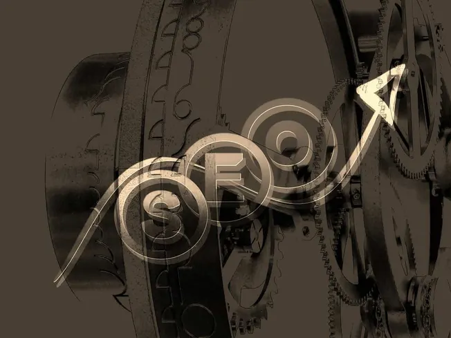 Close-up of vintage clock gears with a modern digital overlay spelling "SOFA" on a sepia-toned background for artistic and vi