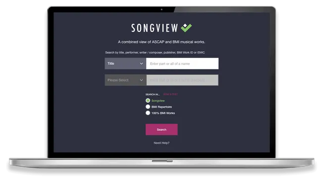 Songview music catalog search tool interface on laptop screen for ASCAP, BMI, and musical works database browsing, music indu