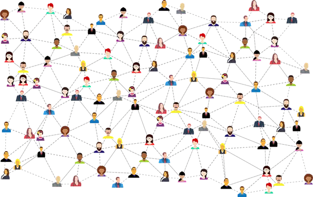 Connectivity network of diverse diverse individuals illustrating social media networking and music industry collaboration for