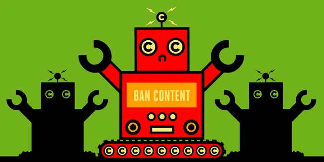 Ban content robot blocking automated moderation, cartoon style illustration with robots on green background, digital art for