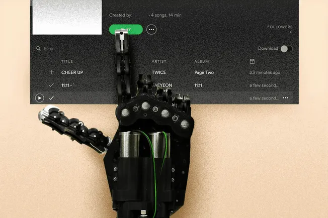 Robotic hand creating digital music playlist on screen, AI-generated music curation, music industry technology innovation, mu