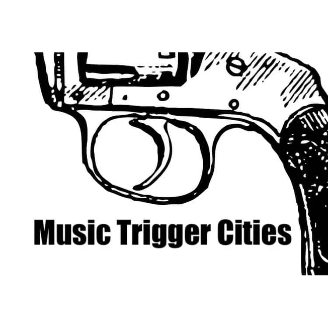 Gun illustration with "Music Trigger Cities" text in black and white, representing urban music culture and city-based music s