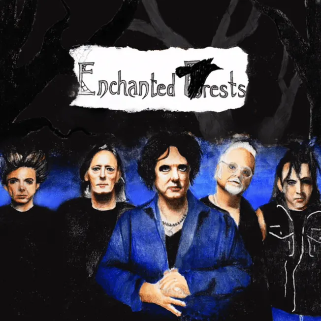 Enchanted Forests band promotional photo featuring members against a dark, mystical background with a torn paper sign display