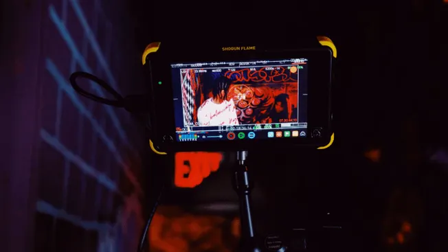 Shogun Flame monitor capturing a vibrant graffiti art scene with a person and colorful artwork in a creative urban setting.