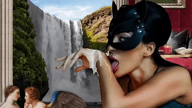 A woman wearing a black mask and licking her finger with a waterfall backdrop, creating a surreal and artistic scene suitable