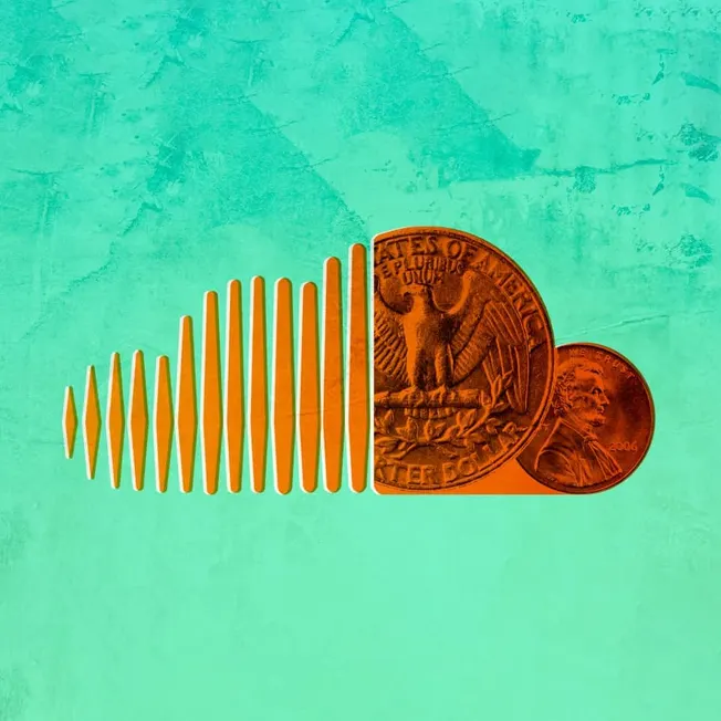 Bar chart with American coins illustration, representing music industry revenue and digital payments, vibrant turquoise backg