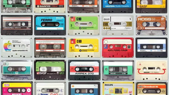 Cassette tapes collection for music and audio recording, vintage analog tapes, colorful tape labels, music industry memorabil