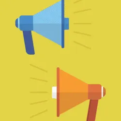 Megaphone icon on yellow background representing music industry news and marketing hype.