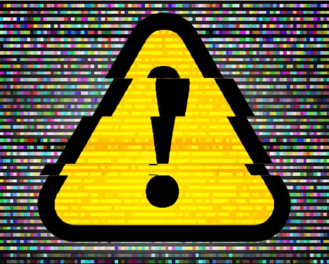 Warning sign with glitch effect, digital hazard icon, caution symbol in yellow and black, tech alert warning, digital glitch