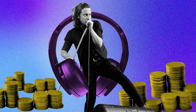 Dynamic musician wearing large purple headphones with stacks of gold coins on a vibrant blue and purple background, emphasizi