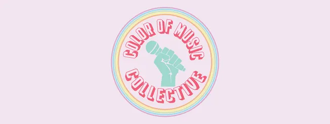 Colorful music collector logo with a microphone illustration and rainbow-colored border for music industry branding and creat