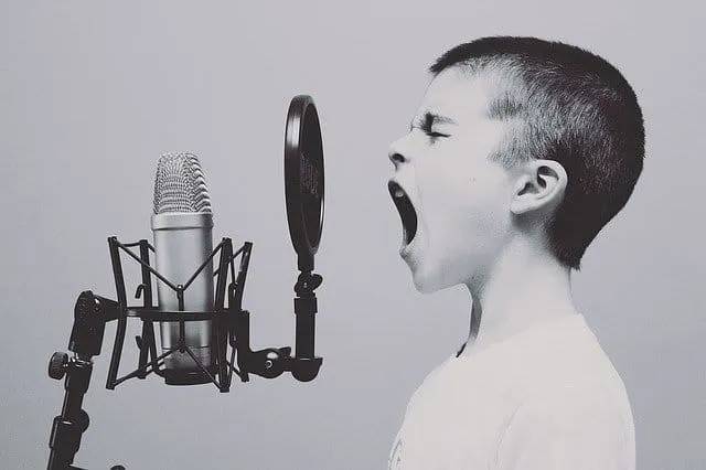 Microphone with pop filter and a boy shouting into it.