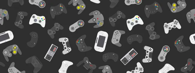 Vibrant gaming controllers and handheld consoles in various styles scattered on a dark background, highlighting video game in