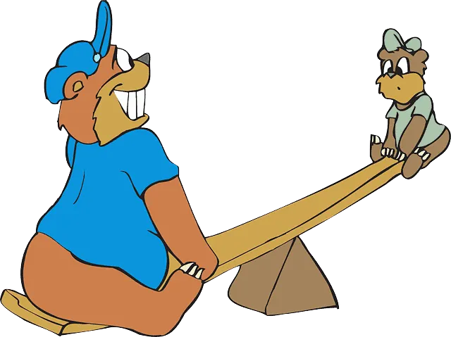 Seesaw with cartoon bear and raccoon characters, children’s playground equipment, playful outdoor activity, colorful illustra