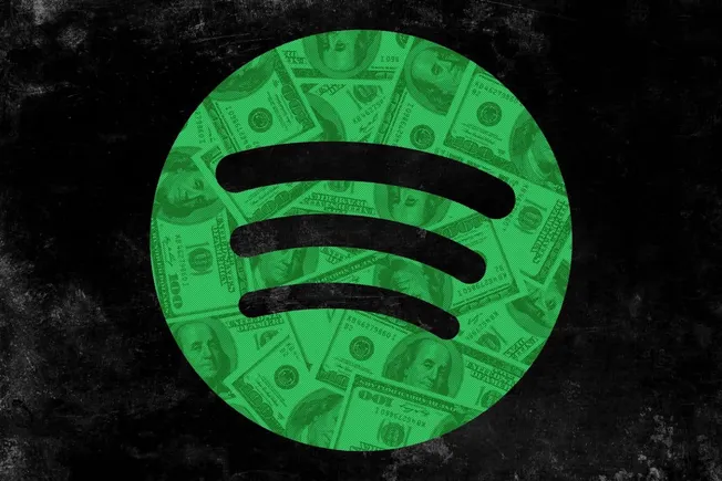 Money-themed Spotify logo with dollar bills background, digital illustration.
