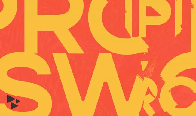 Bold yellow and red graphic design with overlapping text and a play button icon, representing cutting-edge music industry new